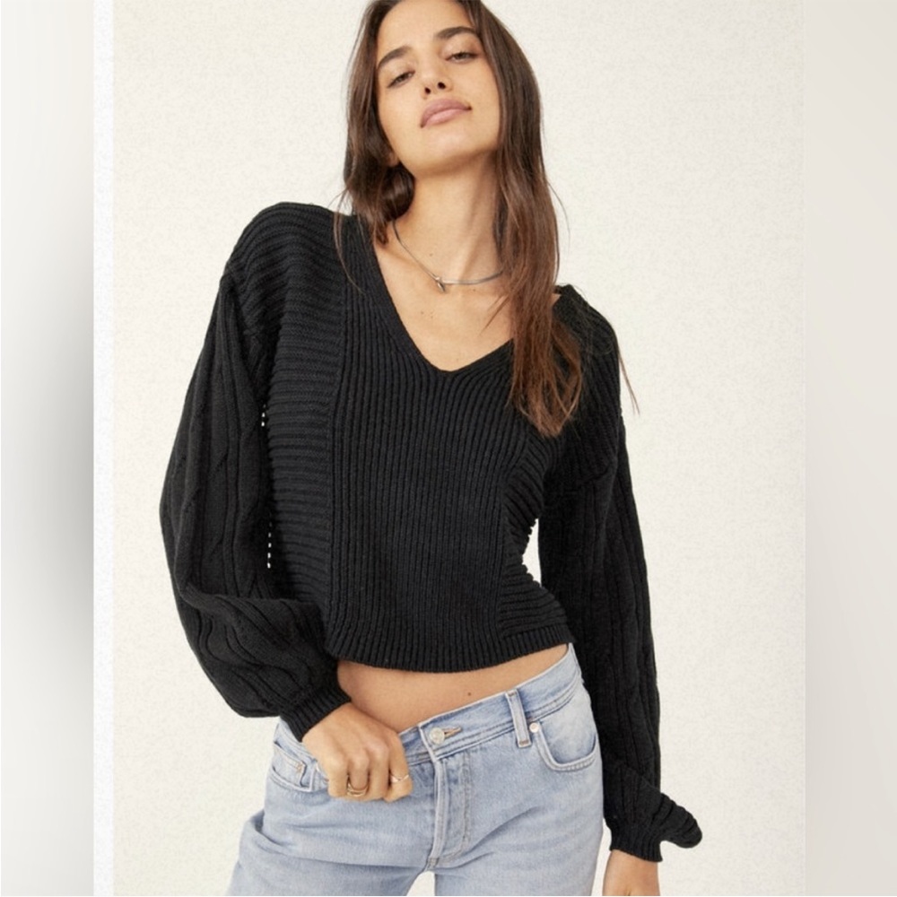 NWT Free People When It Rains V Neck Sweater Black